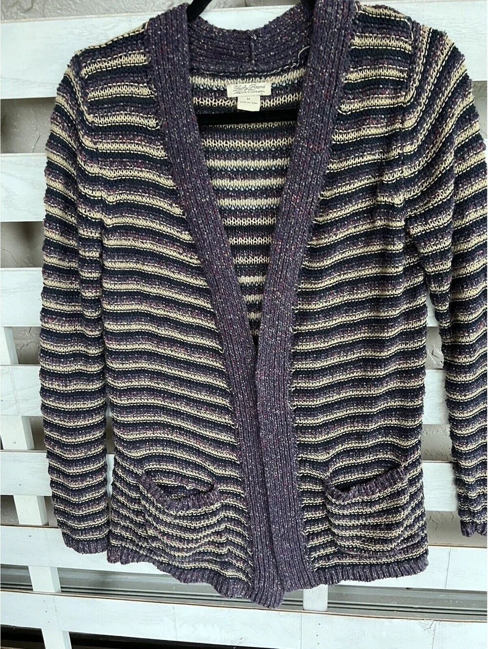 Lucky Brand Striped Pockets Long Cardigan Sweater  Purple Cream Size M.